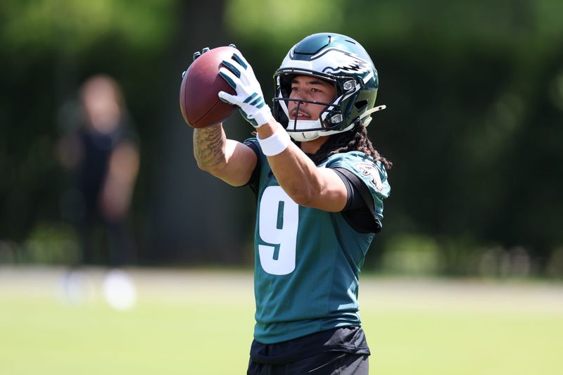 May 1, 2026; Philadelphia, PA, USA; Philadelphia Eagles wide receiver Makai Lemon (9) runs drills during rookie minicamp at NovaCare Complex. Mandatory Credit: Bill Streicher-Imagn Images