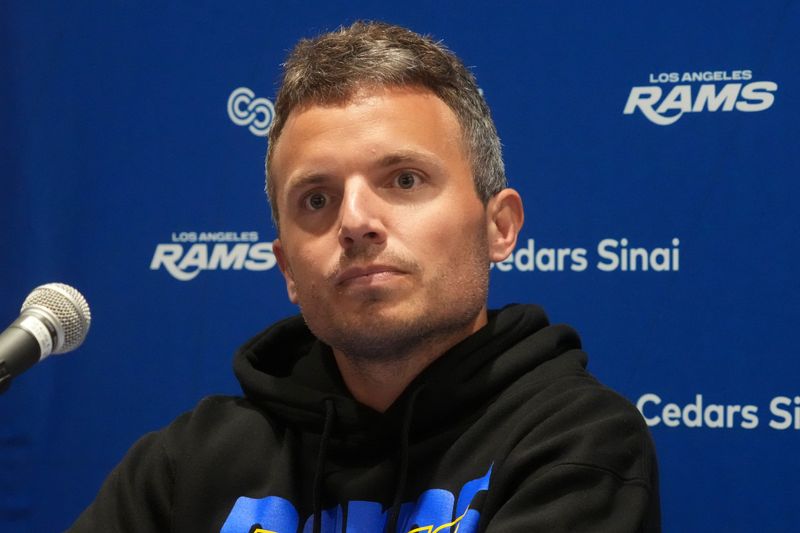 Apr 25, 2026; Inglewood, CA, USA; Los Angeles Rams assistant general manager John McKay at press conference at Code Next lab at Hollywood Park. Mandatory Credit: Kirby Lee-Imagn Images