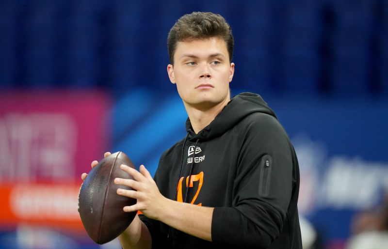 Mar 1, 2025; Indianapolis, IN, USA; Indiana quarterback Kurtis Rourke (QB12) during the 2025 NFL Combine at Lucas Oil Stadium. Mandatory Credit: Kirby Lee-Imagn Images