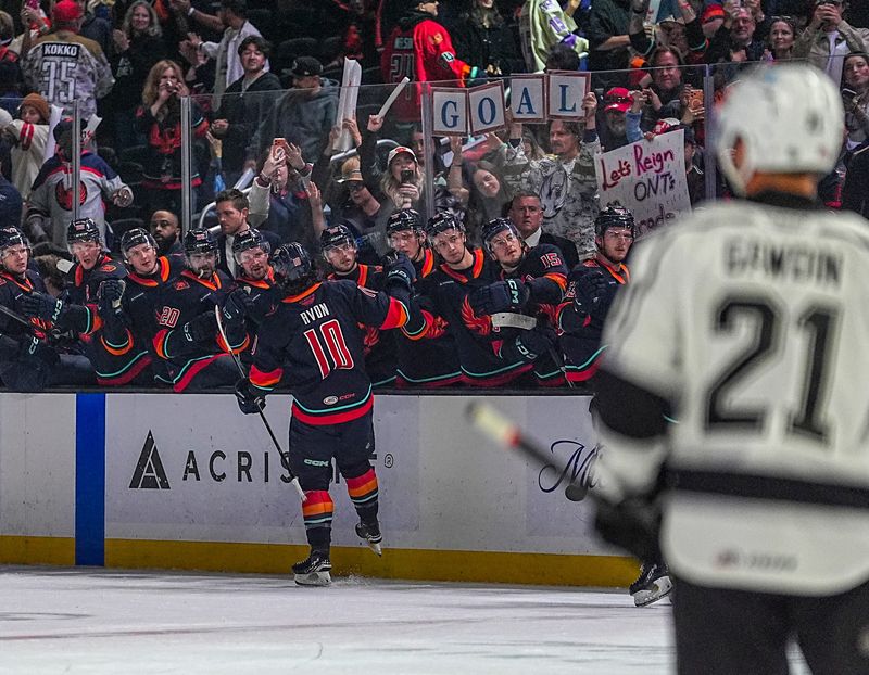 Coachella Valley Firebirds forward J.R. Avon celebrates his goal during the first period of Game 4 of the second round of the Calder Cup playoffs at Acrisure Arena in Palm Desert, Calif., Thursday, May 7, 2026.