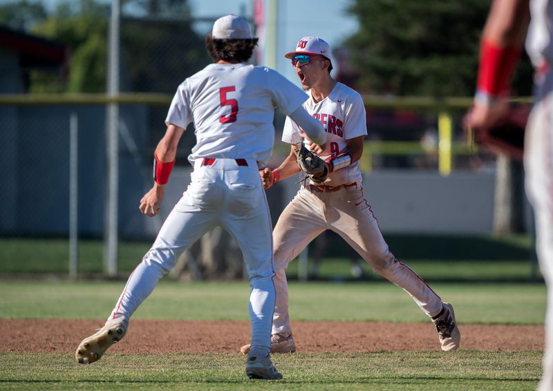 East Union’s Ryan Allen, left, and Efren Diaz celebrate their win during a Sac Joaquin Section Div. IV baseball quarterfinal game against Bradshaw Christian at East Union High in Manteca on May 8, 2026. East Union won 6-4.