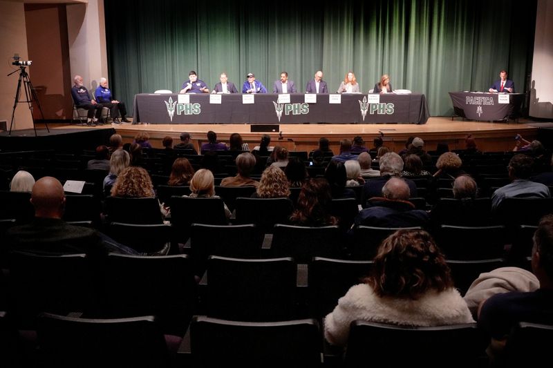 From left to right: Liam Hernandez, Michael Koslow, Daniel Miller, Chris Espinosa, Sam Gallucci, Jacqui Irwin and Sonia Kacker. Candidates spoke during the 26th U.S. House District debate at Oxnard's Pacifica High School on May 8, 2026.