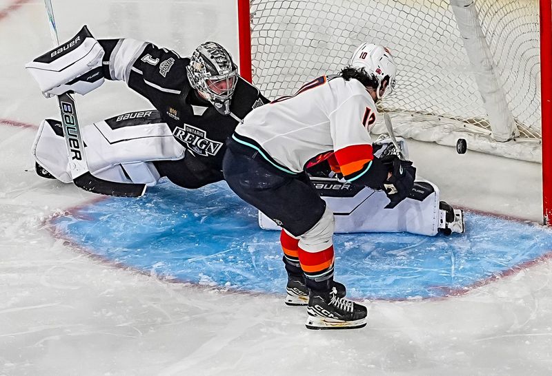 Coachella Valley Firebirds forward J.R. Avon scores the game-winning goal in double overtime of Game 5 in the second round of the Calder Cup playoffs in Ontario, Calif., Saturday, May 9, 2026.