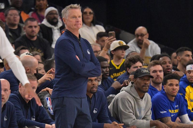 Apr 15, 2026; Inglewood, California, USA; Golden State Warriors head coach Steve Kerr looks on from the bench in the first half against the Los Angeles Clippers during the play-in rounds of the 2026 NBA Playoffs at Intuit Dome. Mandatory Credit: Jayne Kamin-Oncea-Imagn Images
