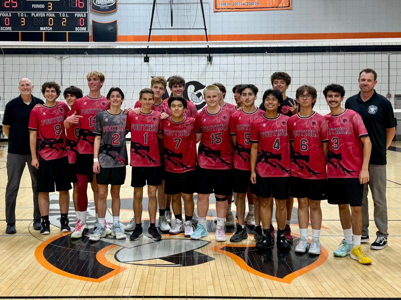 The Foothill Tech boys volleyball team poses for a photo after defeating Rialto in straight sets May 9, 2026, at Ventura College to advance to their first CIF-Southern Section Championship appearance in program history.