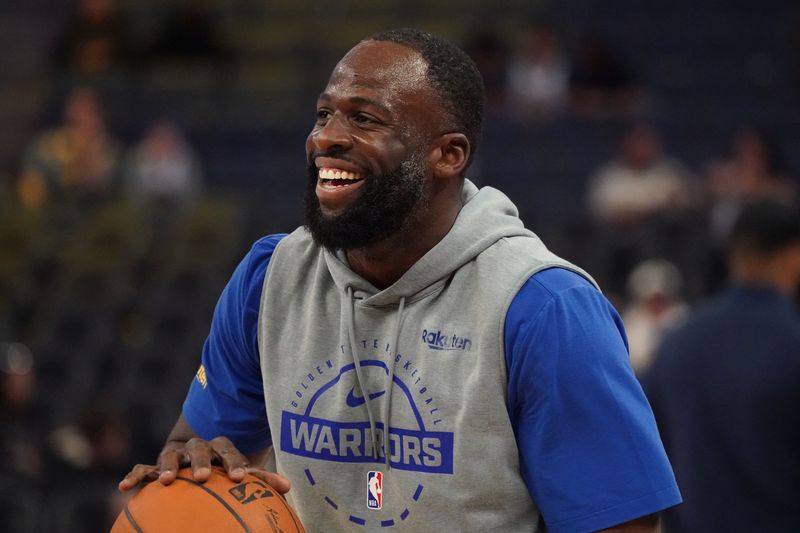 Apr 7, 2026; San Francisco, California, USA; Golden State Warriors forward Draymond Green (23) laughs during warmups before the game against the Sacramento Kings at Chase Center. Mandatory Credit: David Gonzales-Imagn Images