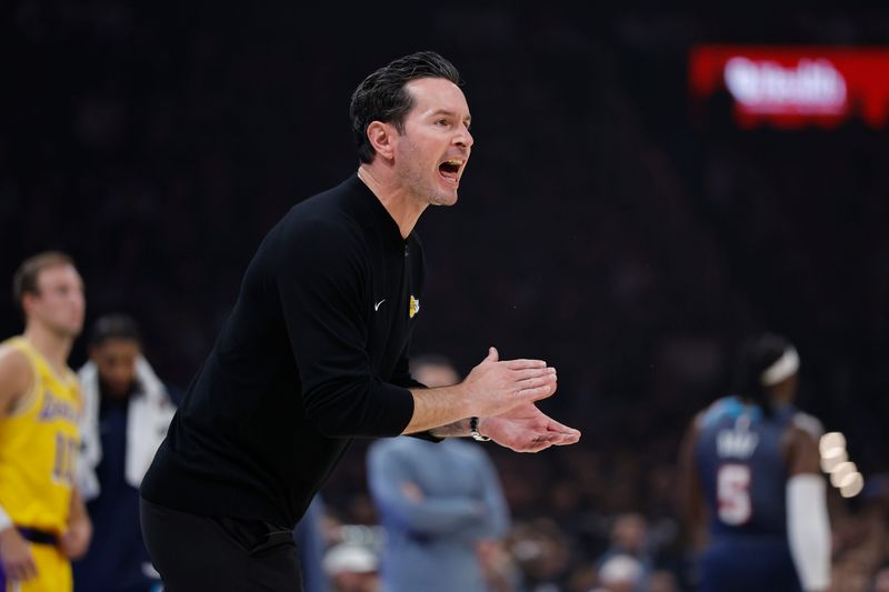 May 7, 2026; Oklahoma City, Oklahoma, USA; Los Angeles Lakers head coach JJ Redick yells to his team during a play against the Oklahoma City Thunder in the first half during game two of the second round of the 2026 NBA Playoffs at Paycom Center. Mandatory Credit: Alonzo Adams-Imagn Images