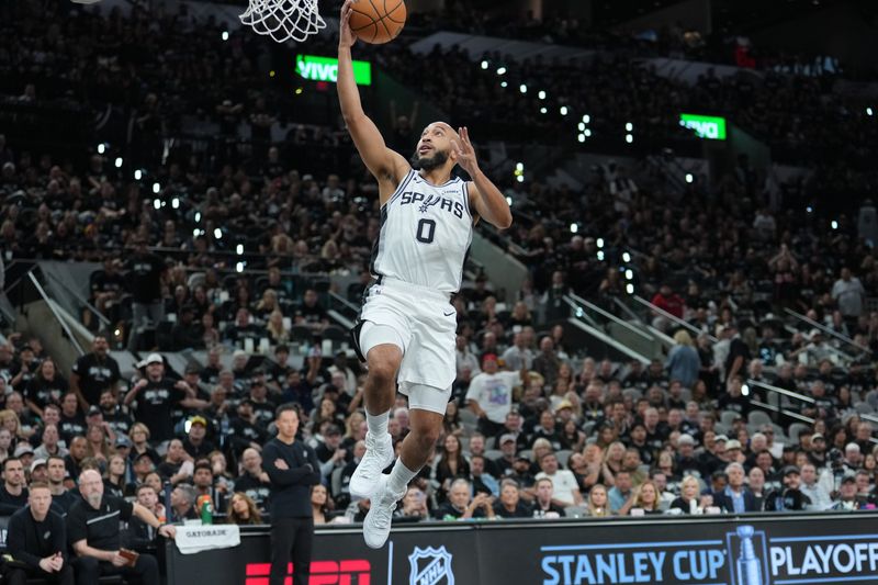 May 6, 2026; San Antonio, Texas, USA; San Antonio Spurs guard Jordan McLaughlin (0) lays the ball up in the second half against the Minnesota Timberwolves during game two of the second round of the 2026 NBA Playoffs at Frost Bank Center. Mandatory Credit: Daniel Dunn-Imagn Images
