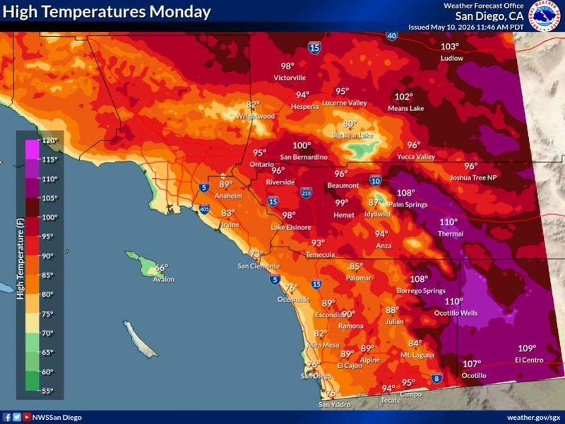 A map by the National Weather Service showing forecasted temperatures throughout Southern California and areas under an extreme heat warning on May 11, 2026.