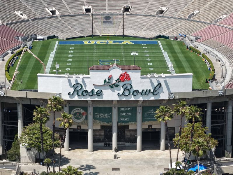 May 2, 2026; Pasadena, CA, USA; A general overall aerali view of the Rose Bowl. Mandatory Credit: Kirby Lee-Imagn Images