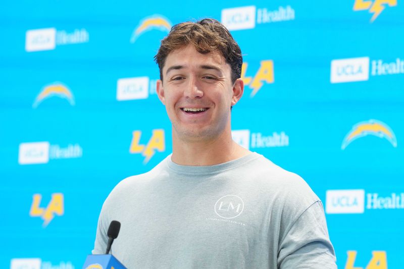 May 11, 2026; El Segundo, CA, USA; Los Angeles Chargers tight end Charlie Kolar at press confernce during offseason workouts at The Bolt. Mandatory Credit: Kirby Lee-Imagn Images