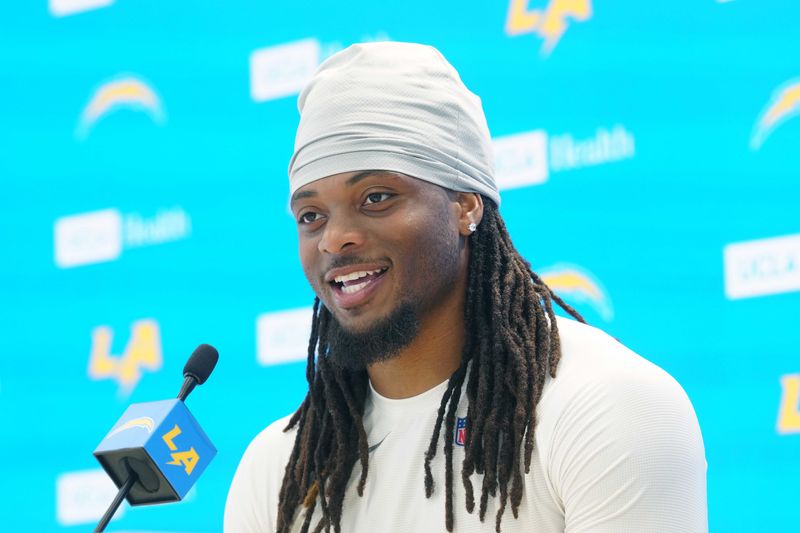 May 11, 2026; El Segundo, CA, USA; Los Angeles Chargers running back Keaton Mitchell at press conference during offseason workouts at The Bolt. Mandatory Credit: Kirby Lee-Imagn Images