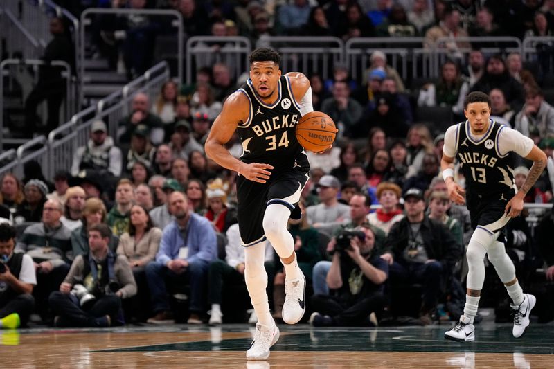 Jan 23, 2026; Milwaukee, Wisconsin, USA; Milwaukee Bucks forward Giannis Antetokounmpo (34) during the game against the Denver Nuggets at Fiserv Forum. Mandatory Credit: Jeff Hanisch-Imagn Images