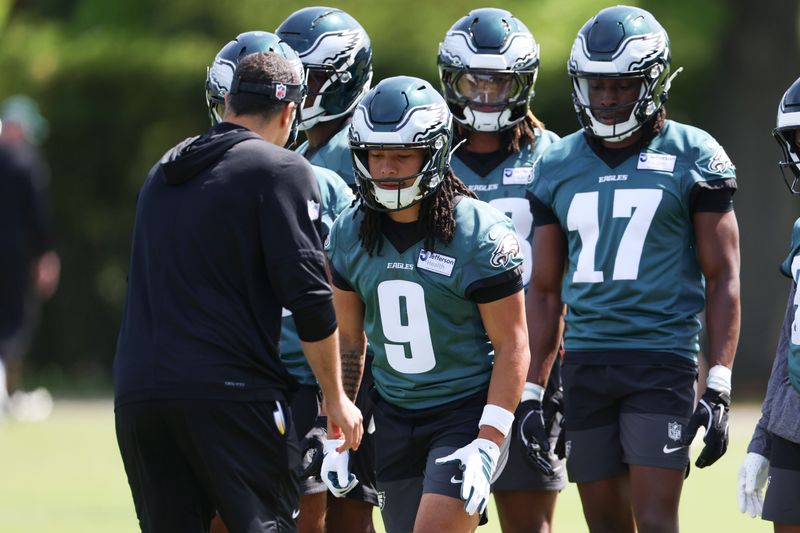 May 1, 2026; Philadelphia, PA, USA; Philadelphia Eagles wide receiver Makai Lemon (9) runs drills during rookie minicamp at NovaCare Complex. Mandatory Credit: Bill Streicher-Imagn Images