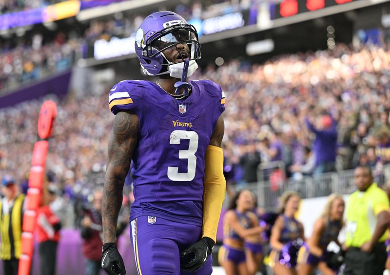 Nov 16, 2025; Minneapolis, Minnesota, USA; Minnesota Vikings wide receiver Jordan Addison (3) celebrates after scoring a touchdown during the fourth quarter against the Chicago Bears at U.S. Bank Stadium. Mandatory Credit: Jeffrey Becker-Imagn Images