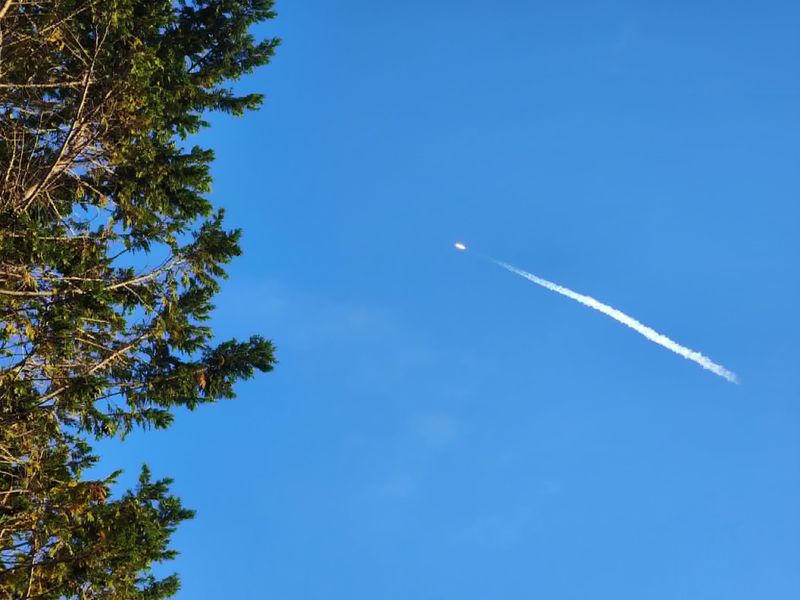 A SpaceX Falcon 9 rocket can be seen in the sky after launching May 11 on the NROL-172 mission to deploy military reconnaissance satellites to orbit.