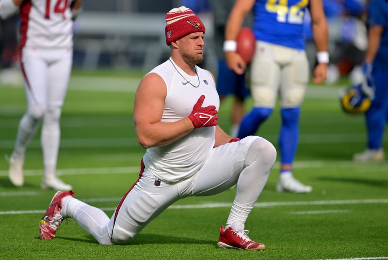 Nov 13, 2022; Inglewood, California, USA; Arizona Cardinals defensive end J.J. Watt (99) warms up prior to the game against the Los Angeles Rams at SoFi Stadium. Mandatory Credit: Jayne Kamin-Oncea-USA TODAY Sports