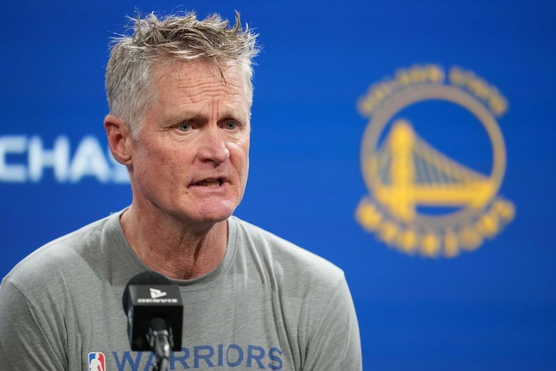 Jan 2, 2026; San Francisco, California, USA; Golden State Warriors head coach Steve Kerr talks to media members before the game against the Oklahoma City Thunder at Chase Center. Mandatory Credit: Darren Yamashita-Imagn Images