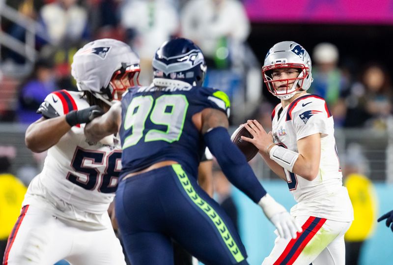 Feb 8, 2026; Santa Clara, CA, USA; New England Patriots quarterback Drake Maye (10) against the Seattle Seahawks during Super Bowl LX at Levi's Stadium. Mandatory Credit: Mark J. Rebilas-Imagn Images