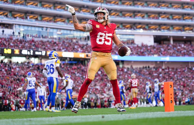 Nov 9, 2025; Santa Clara, California, USA; San Francisco 49ers tight end George Kittle (85) celebrates after getting a first down during the second quarter against the Los Angeles Rams at Levi's Stadium. Mandatory Credit: Kyle Terada-Imagn Images
