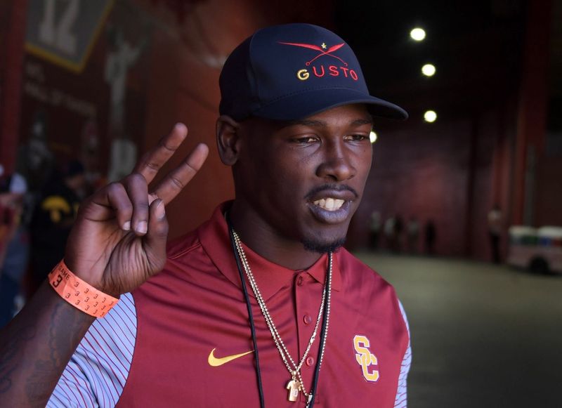 Oct 8, 2016; Los Angeles, CA, USA; Jacksonville Jaguars and USC Trojans former receiver Marqise Lee poses during a NCAA football game against the Colorado Buffaloes at Los Angeles Memorial Coliseum. Mandatory Credit: Kirby Lee-USA TODAY Sports