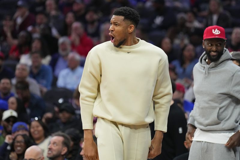Apr 12, 2026; Philadelphia, Pennsylvania, USA; Milwaukee Bucks forward Giannis Antetokounmpo reacts during the game against the Philadelphia 76ers at Xfinity Mobile Arena. Mandatory Credit: Kyle Ross-Imagn Images