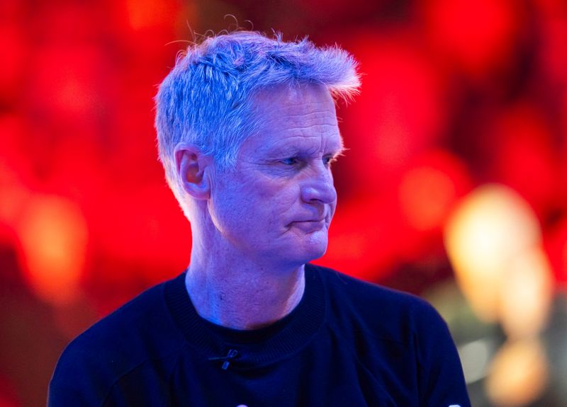 Apr 17, 2026; Phoenix, Arizona, USA; Golden State Warriors head coach Steve Kerr against the Phoenix Suns during the play-in rounds of the 2026 NBA Playoffs at Mortgage Matchup Center. Mandatory Credit: Mark J. Rebilas-Imagn Images
