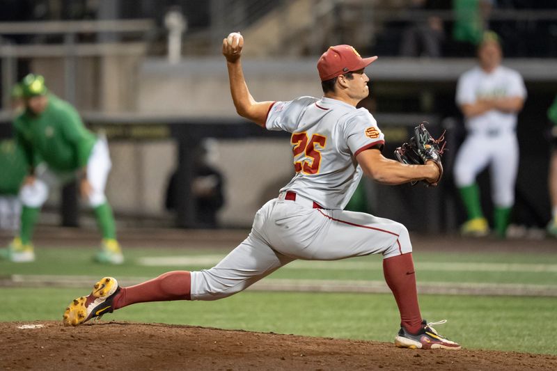USC pitcher Sax Matson throws a pitch as the Oregon Ducks host the USC Trojans on May 14, 2026, in Eugene, Oregon.
