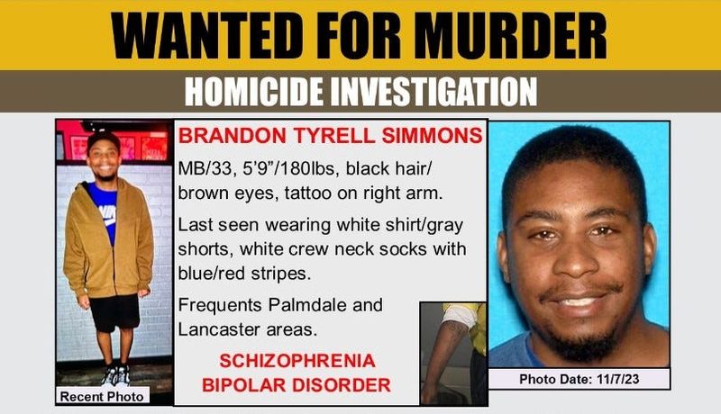 Brandon Tyrell Simmons, 33, is wanted in connection with the fatal stabbing of a 64-year-old woman in Palmdale on Thursday, May 14, 2026. He's considered armed and dangerous.