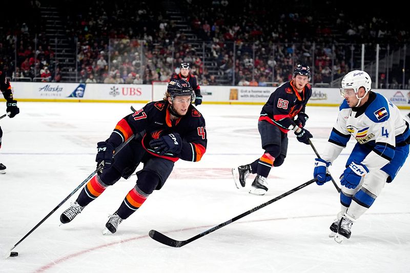 Firebirds defenseman Kaden Hammell (47) controls the puck during the first period against the Colorado Eagles at Acrisure Arena in Palm Desert, Calif., on Friday, May 15, 2026.
