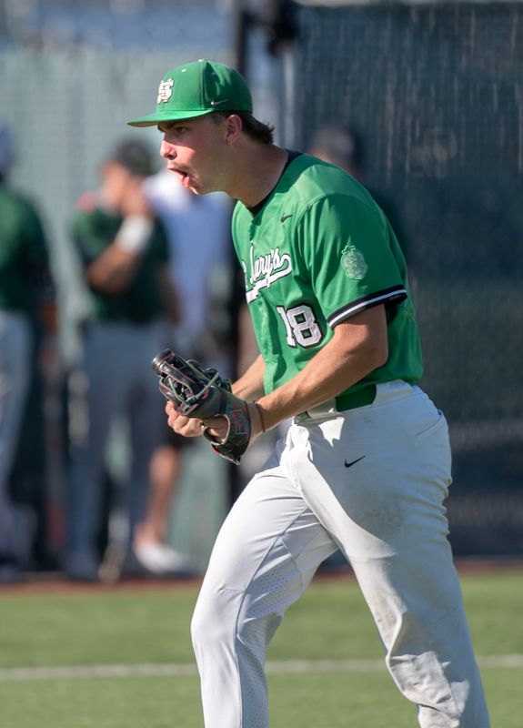 St. Mary’s Dax Hardcastle fires himself up during the Sac-Joaquin Section Div. I baseball semifinal against Granite Bay at St. Mary’s High School in Stockton on May, 15, 2026. St. Mary’s won 7-1.