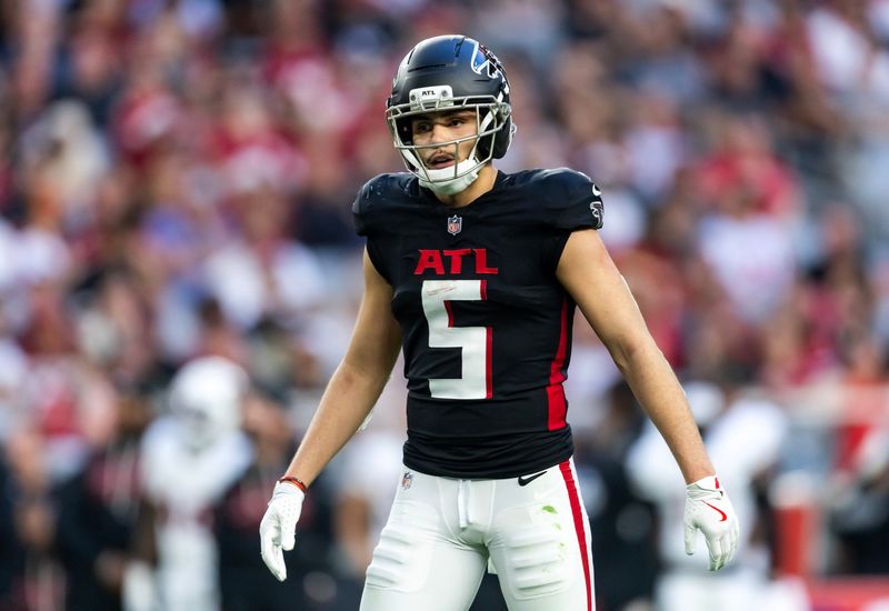 Dec 21, 2025; Glendale, Arizona, USA; Atlanta Falcons wide receiver Drake London (5) against the Arizona Cardinals at State Farm Stadium. Mandatory Credit: Mark J. Rebilas-Imagn Images