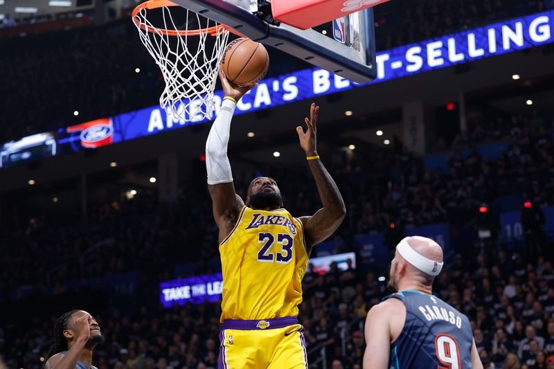 May 7, 2026; Oklahoma City, Oklahoma, USA; Los Angeles Lakers forward LeBron James (23) goes up for a basket against the Oklahoma City Thunder in the first half during game two of the second round of the 2026 NBA Playoffs at Paycom Center. Mandatory Credit: Alonzo Adams-Imagn Images