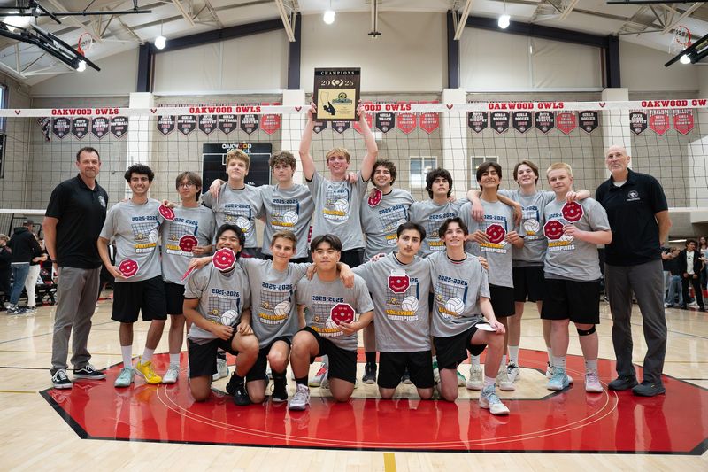 The Foothill Tech boys volleyball team poses with the championship plaque and patches after defeating host Oakwood School in the CIF-Southern Section Division 7 championship match on Saturday, May 16, 2026, in North Hollywood.