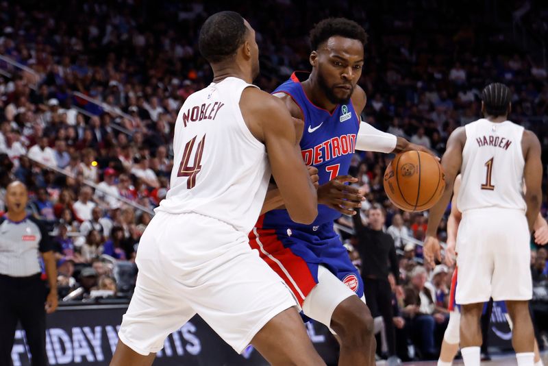 May 17, 2026; Detroit, Michigan, USA; Detroit Pistons forward Paul Reed (7) dribbles against Cleveland Cavaliers center Evan Mobley (4) in the second half during game seven of the second round of the 2026 NBA Playoffs at Little Caesars Arena. Mandatory Credit: Rick Osentoski-Imagn Images