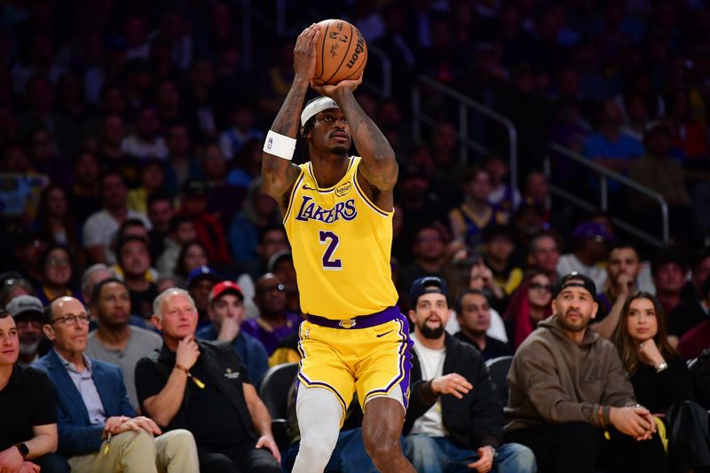 Feb 7, 2026; Los Angeles, California, USA; Los Angeles Lakers forward Jarred Vanderbilt (2) shoots against the Golden State Warriors during the first half at Crypto.com Arena. Mandatory Credit: Gary A. Vasquez-Imagn Images