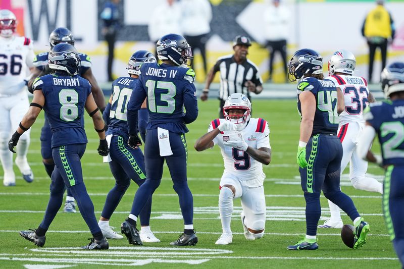 Feb 8, 2026; Santa Clara, CA, USA; New England Patriots wide receiver Kayshon Boutte (9) reats after a play during the first quarter against the Seattle Seahawks in Super Bowl LX at Levi's Stadium. Mandatory Credit: Darren Yamashita-Imagn Images