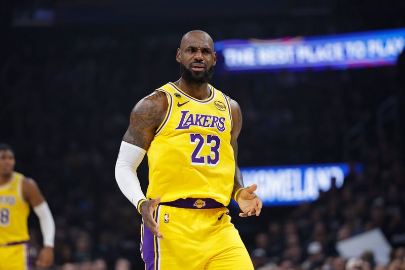 May 7, 2026; Oklahoma City, Oklahoma, USA; Los Angeles Lakers forward LeBron James (23) reacts after a play against the Oklahoma City Thunder in the first half during game two of the second round of the 2026 NBA Playoffs at Paycom Center. Mandatory Credit: Alonzo Adams-Imagn Images