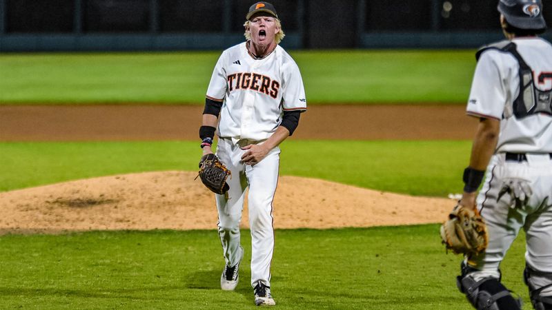 University of the Pacific redshirt junior Carson Revay celebrates after recording a strikeout against Santa Clara at Klein Family Field on April 17, 2026.