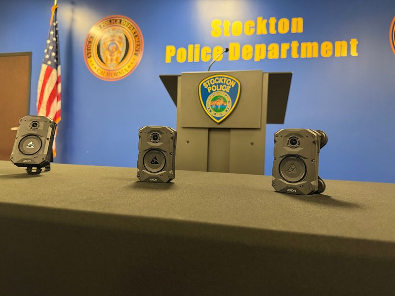 The Stockton Police Department shows new real-time translation feature on officers Axon Body-Worn cameras at a news conference in downtown Stockton on May 19, 2026.