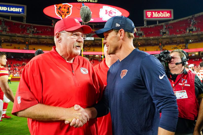 Aug 22, 2025; Kansas City, Missouri, USA; Kansas City Chiefs head coach Andy Reid shakes hands with Chicago Bears head coach Ben Johnson after the game at GEHA Field at Arrowhead Stadium. Mandatory Credit: Denny Medley-Imagn Images