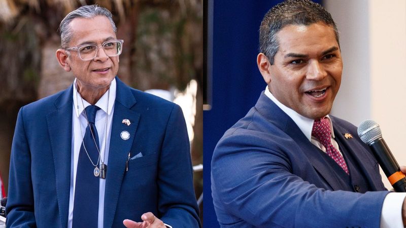 Incumbent Riverside County Supervisor V. Manuel "Manny" Perez, pictured left, is vying for re-election against La Quinta City Councilman Steve Sanchez, pictured right, in the 2026 primary election.