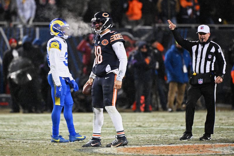 Jan 18, 2026; Chicago, IL, USA; Chicago Bears quarterback Caleb Williams (18) reacts to a first down against the Los Angeles Rams during the fourth quarter of an NFC Divisional Round game at Soldier Field. Mandatory Credit: Matt Marton-Imagn Images