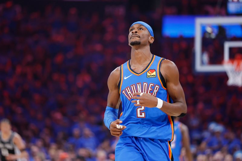 May 18, 2026; Oklahoma City, Oklahoma, USA; Oklahoma City Thunder guard Shai Gilgeous-Alexander (2) looks on during the first half against the San Antonio Spurs during game one of the western conference finals for the 2026 NBA playoffs at Paycom Center. Mandatory Credit: Alonzo Adams-Imagn Images