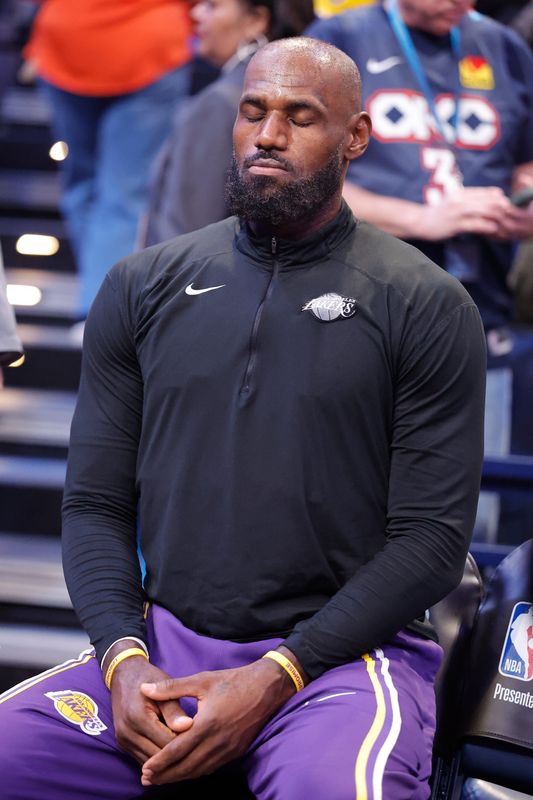 May 7, 2026; Oklahoma City, Oklahoma, USA; Los Angeles Lakers forward LeBron James (23) before the start of game two of the second round of the 2026 NBA Playoffs at Paycom Center. Mandatory Credit: Alonzo Adams-Imagn Images