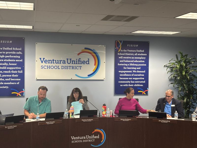 Ventura Unified School District members, from left, James Forsythe, Shannon Fredericks, Sabrena Rodriguez and Jerry Dannenberg at a May 19 meeting inside the district office board room on Stanley Avenue in Ventura.