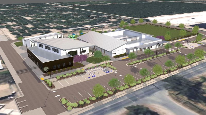 Artist rendering of the new TCOE Education Campus. The new Library Media Center is the building on the left, the Esports Arena is the rectangular building behind it, and the Special Education Center is at right.