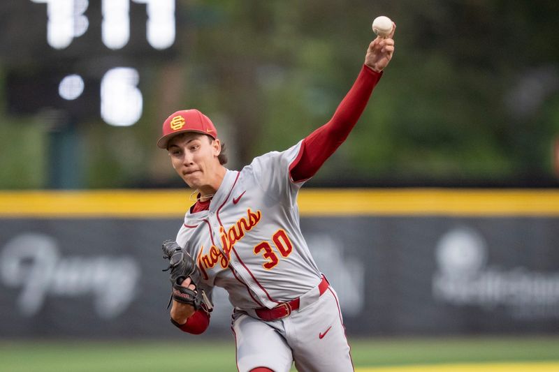 USC pitcher Mason Edwards throws a pitch as the Oregon Ducks host the USC Trojans on May 14, 2026, in Eugene, Oregon.