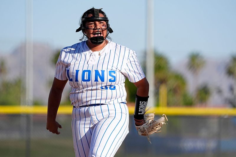 Cathedral City pitcher Sayuri Toledo (88) reacts after striking out a Victor Valley player during their CIF Southern Section Division VII quarterfinal win in Cathedral City, Calif., on Wed., May 20, 2026.
