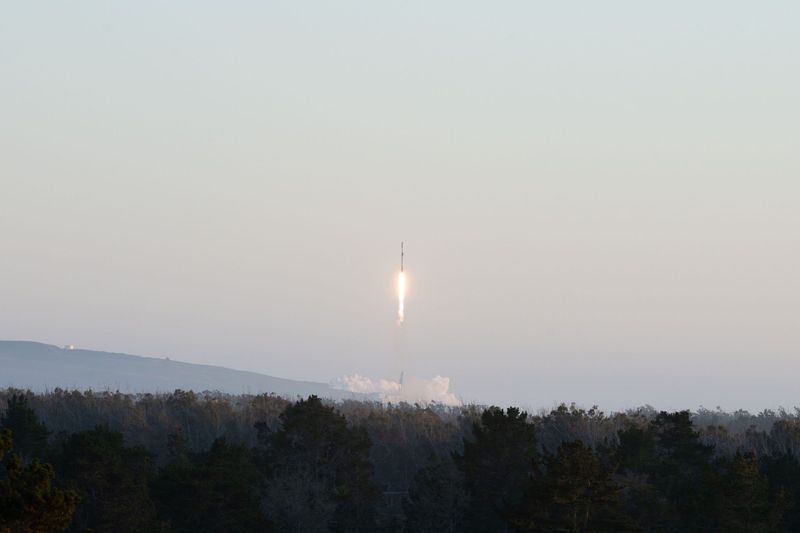 A SpaceX Falcon 9 rocket climbs into the sky after launching May 19 from the Vandenberg Space Force Base in California on a mission to deploy the company's Starlink internet satellties.
